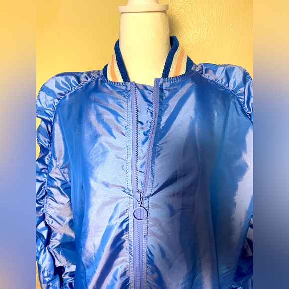 ASOS NWT Blue Parachute Parka Y2K/90s Jacket Ruffle Sleeves Long Shiny sz 8 - Picture 12 of 14